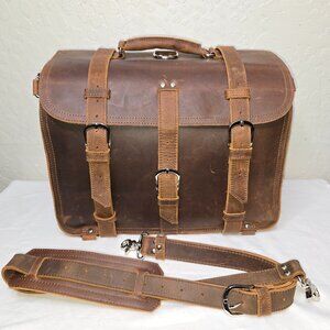 Polare Thick Full Grain Leather 16'' Briefcase Messenger Shoulder Bag Backpack